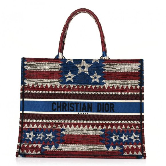 CHRISTIAN DIOR Canvas Embroidered Exclusive US Book Tote Red White Blue - Picture 1 of 12